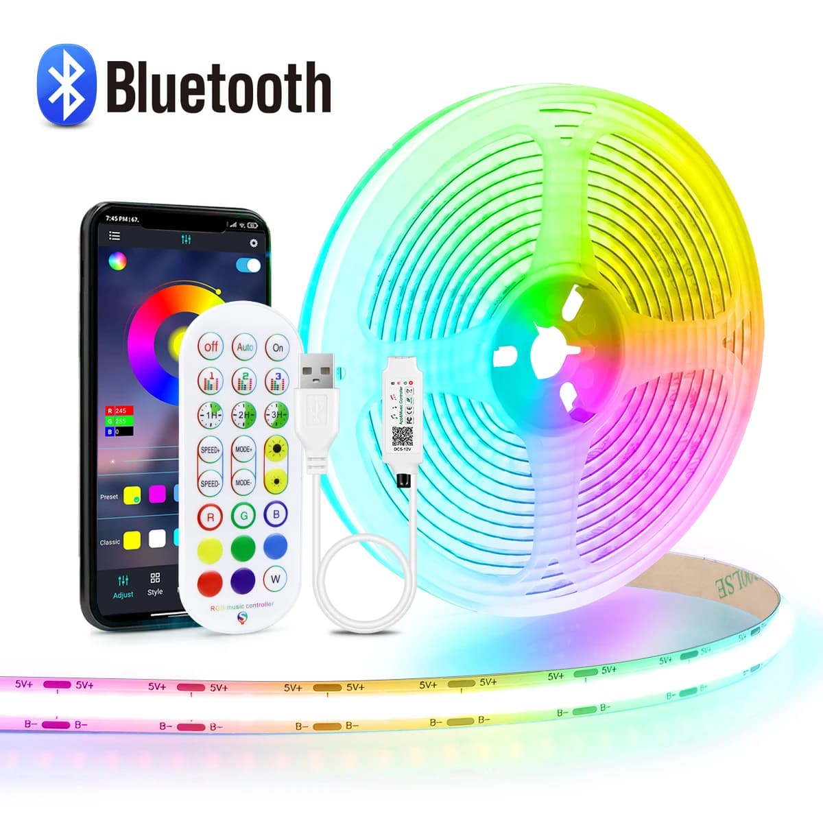 Striscia LED Bluetooth RGB COB USB 5V ad alta densità 576 LED / m Illuminazione lineare dimmerabile con telecomando IR a 24 tasti App Contro