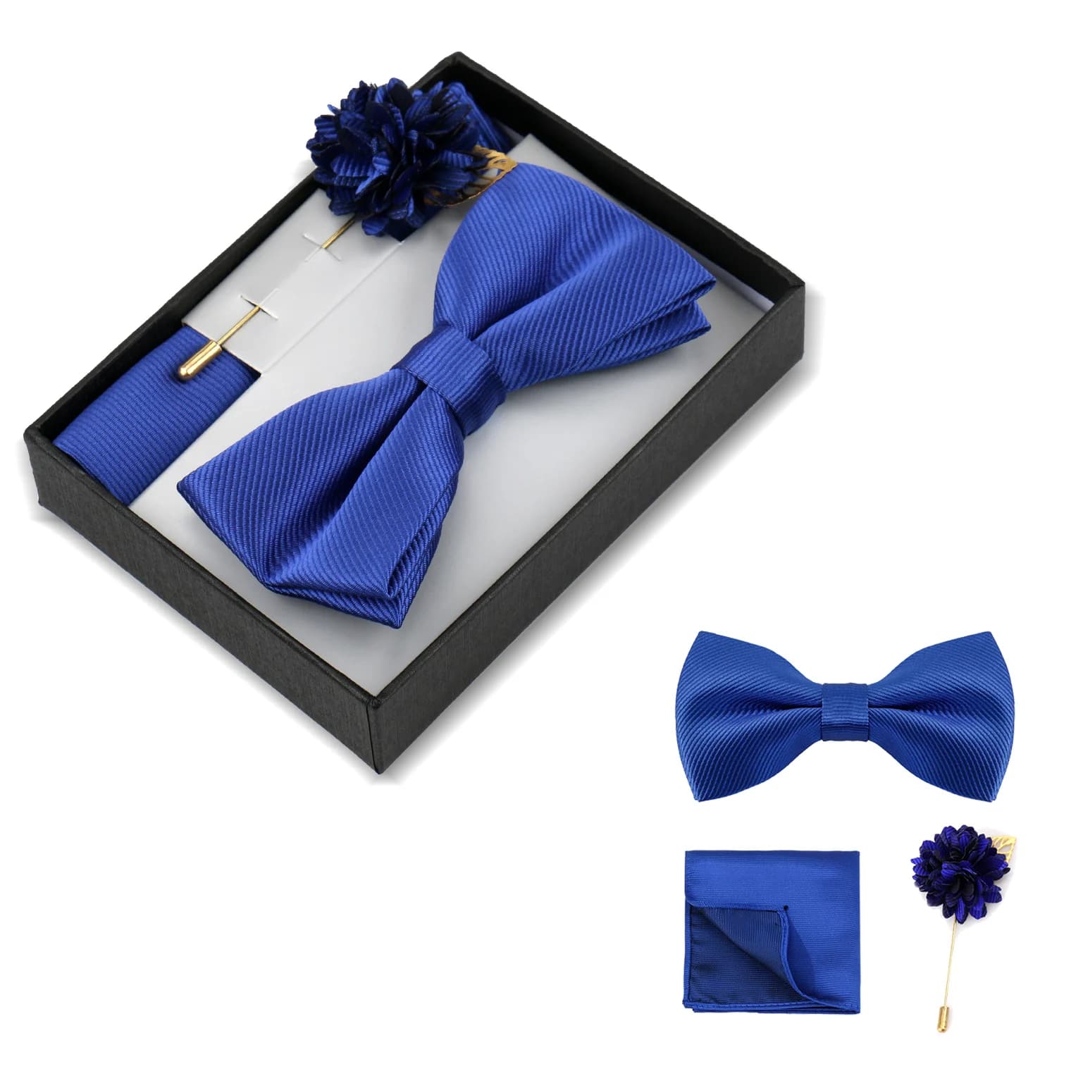 Set di spille a forma di fiore da uomo con papillon con tasca a scatola, set di spille da bavero con farfallino per uomo, accessori per abiti da sposa, cravatta regalo