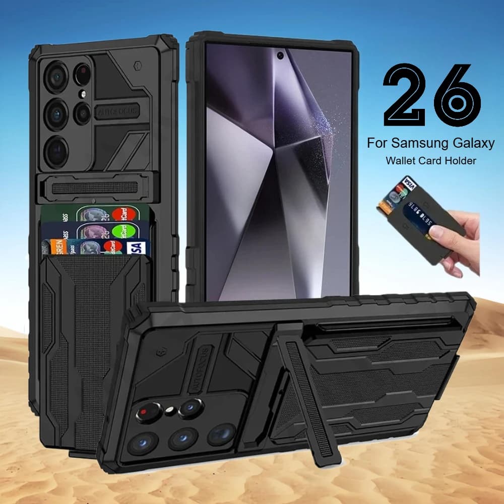 Robust protective case with bracket for Samsung Galaxy S26 S25 S24 S23 S22 Plus Note 20 Ultra A54 A55 A35 A56 Credit card holder cover