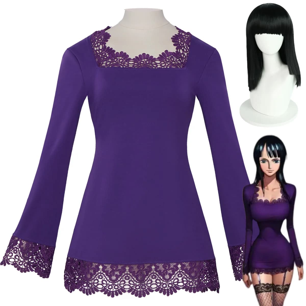 Anime Miss All Sunday Nico Robin Cosplay Costume Purple Long Sleeves Lace Dress Wig Woman Sexy Carnival Halloween Suit
