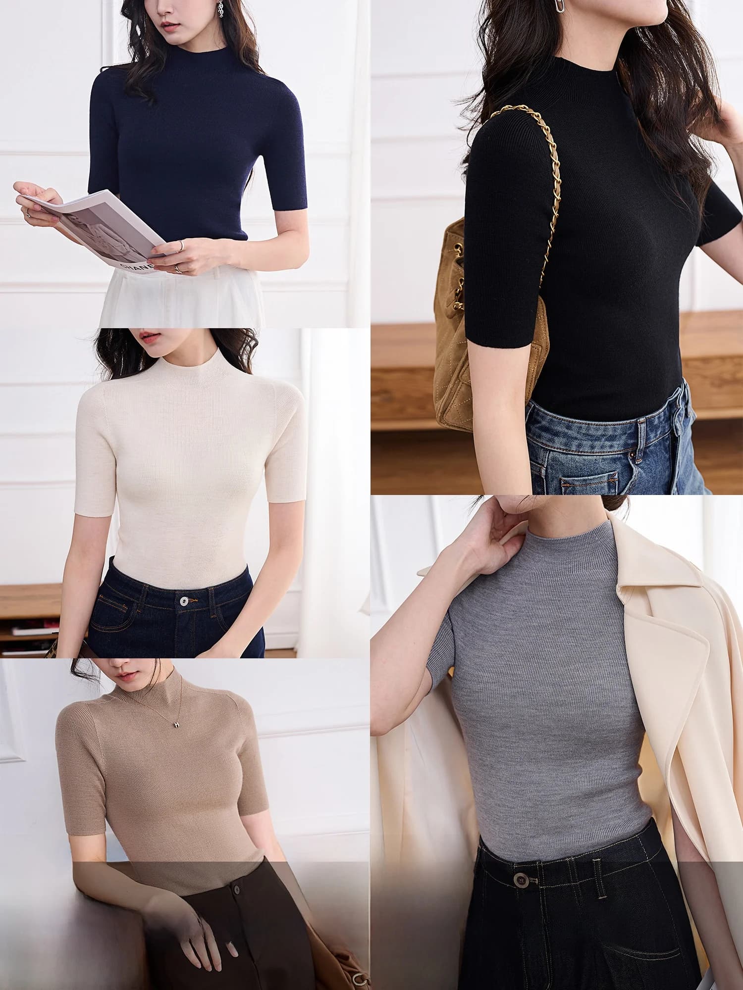 Maglione in pura lana JPOO a maniche a tre quarti con collo alto, lavorazione a 6 aghi, maglia intima da donna per il commuting