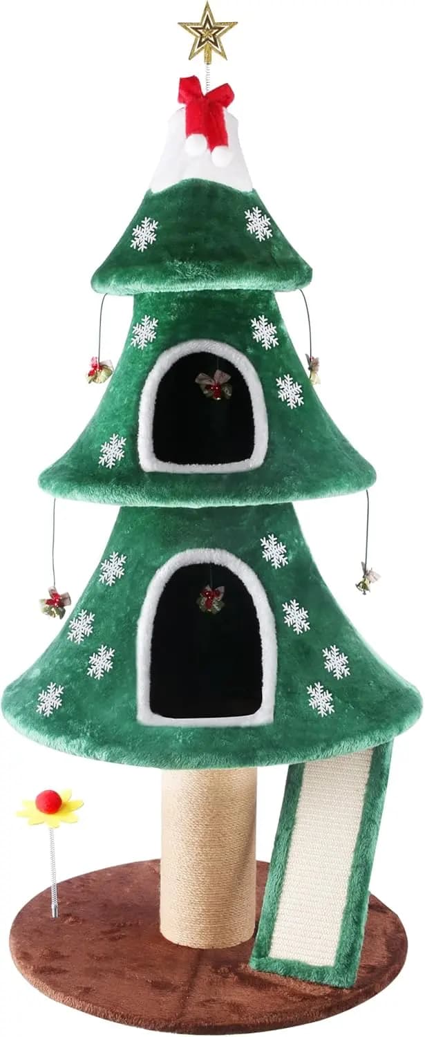 Albero di Natale per Gatti da 53 Pollici, Torre per Gatti con 2 Casette e Tiragraffi in Sisal per Interni, Design a Forma di Albero di Natale, Arredamento per Gatti