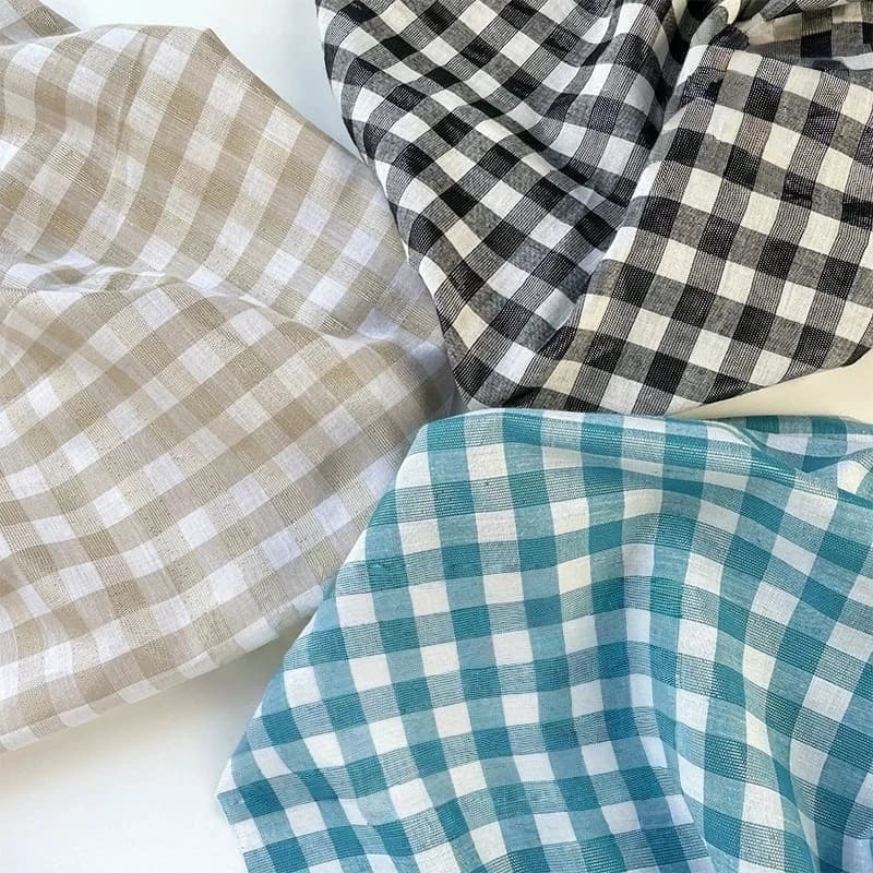 Shiny black and white checkered cotton-linen fabric shirt dress handmadediyMixed weave