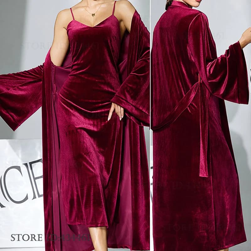 Sexy Female Velvet Twinset Robe Set Nightgown Autumn Winter Long Bathrobe Sleepwear Loose Velour Homewear Loungewear Lingerie