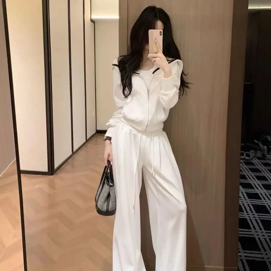Elegant Sportswear Set Women's Casual White Hoodie Two-Piece Suite Anti-Aging Trendy Korean Version Spring Autumn Wear