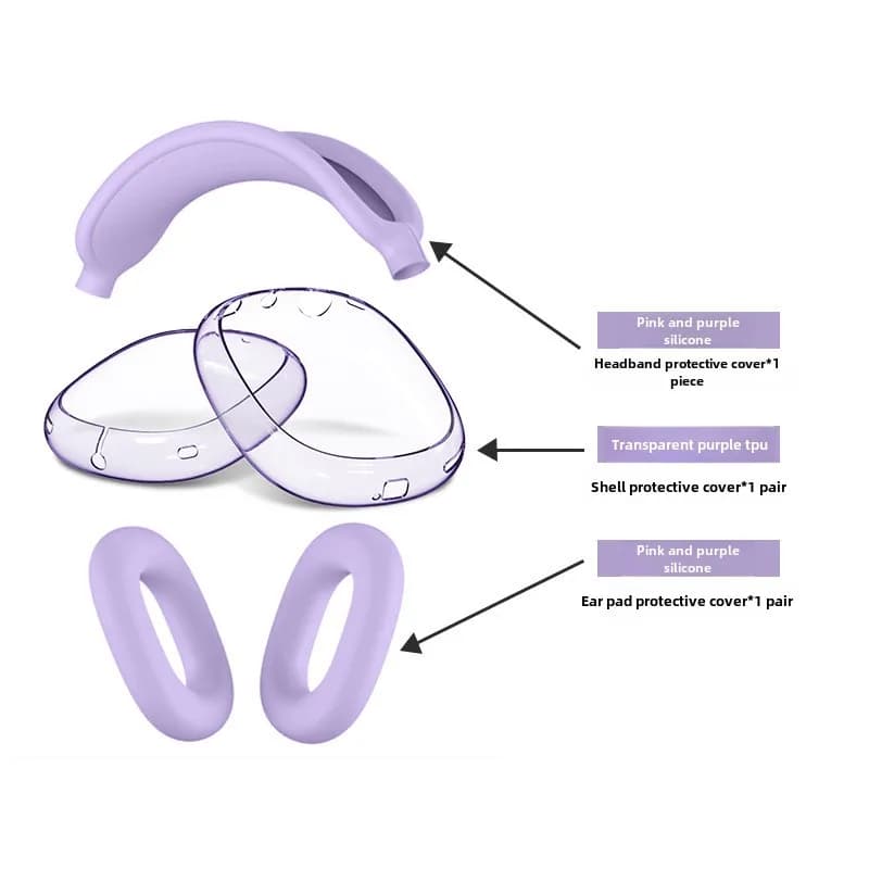 Custodia protettiva in silicone di colore viola Custodia trasparente in TPU Set da tre pezzi Adatto per AirPods Max/2 2024 Resistente ai graffi