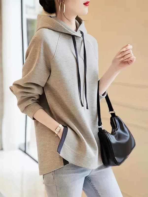Felpa con Cappuccio da Donna a Maniche Lunghe, Leggera, Stile Coreano, per l'Autunno, Design con Cappuccio, Lunghezza Regolare