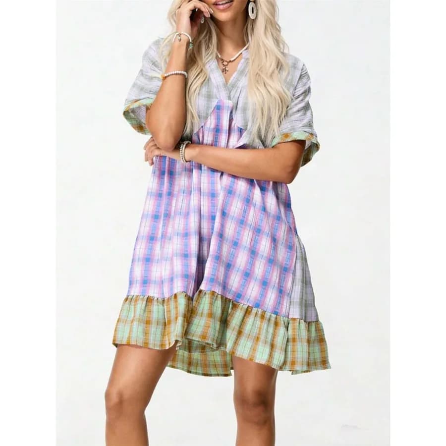 【Nuovo arrivo】Abito babydoll a maniche corte con scollo a V e patchwork a quadri pastello con orlo arricciato per abito estivo casual da donna