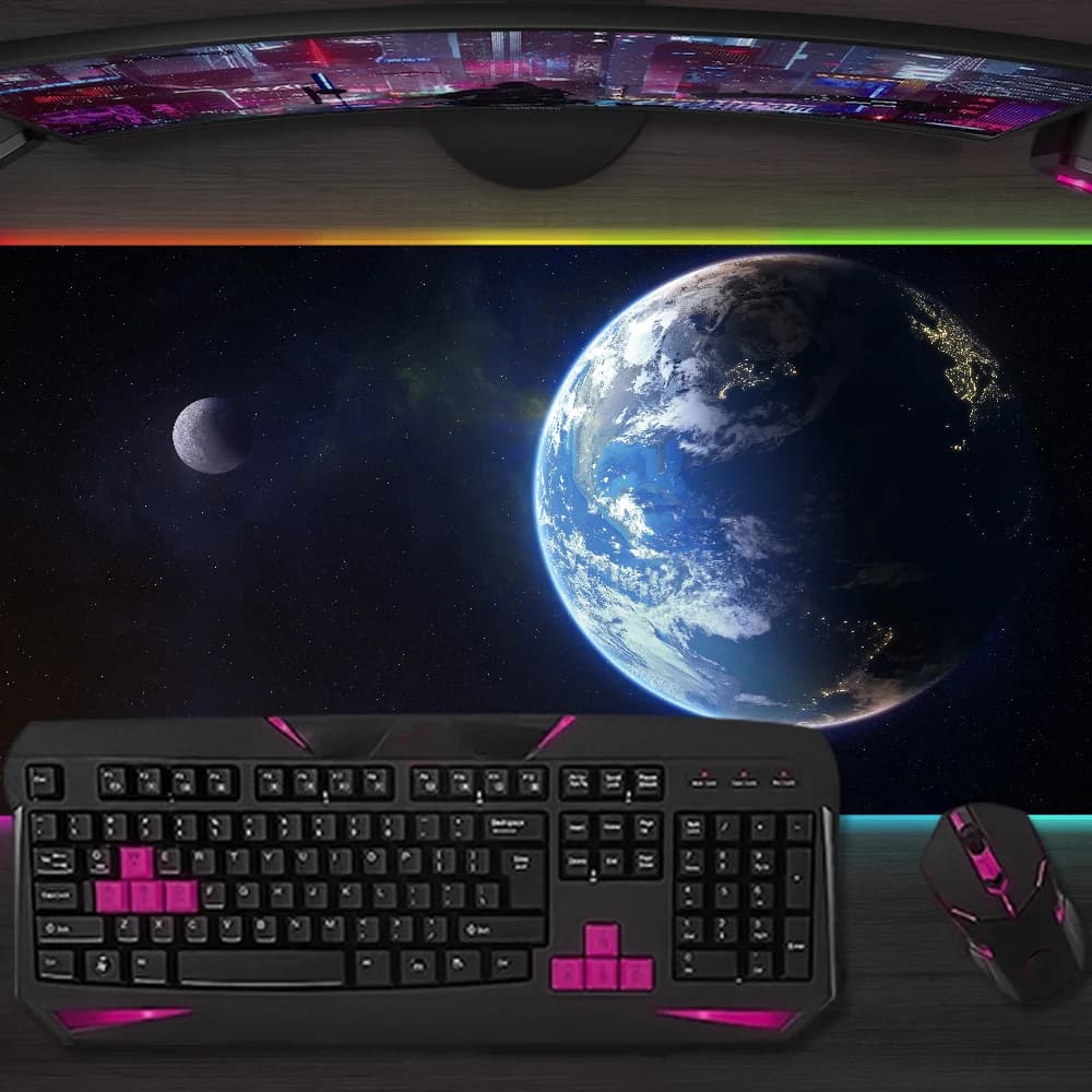 Tappetino per Mouse Gaming con Retroilluminazione LED, Motivo Spazio e Terra, Micro USB, Tappetino da Scrivania XXL in Gomma RGB