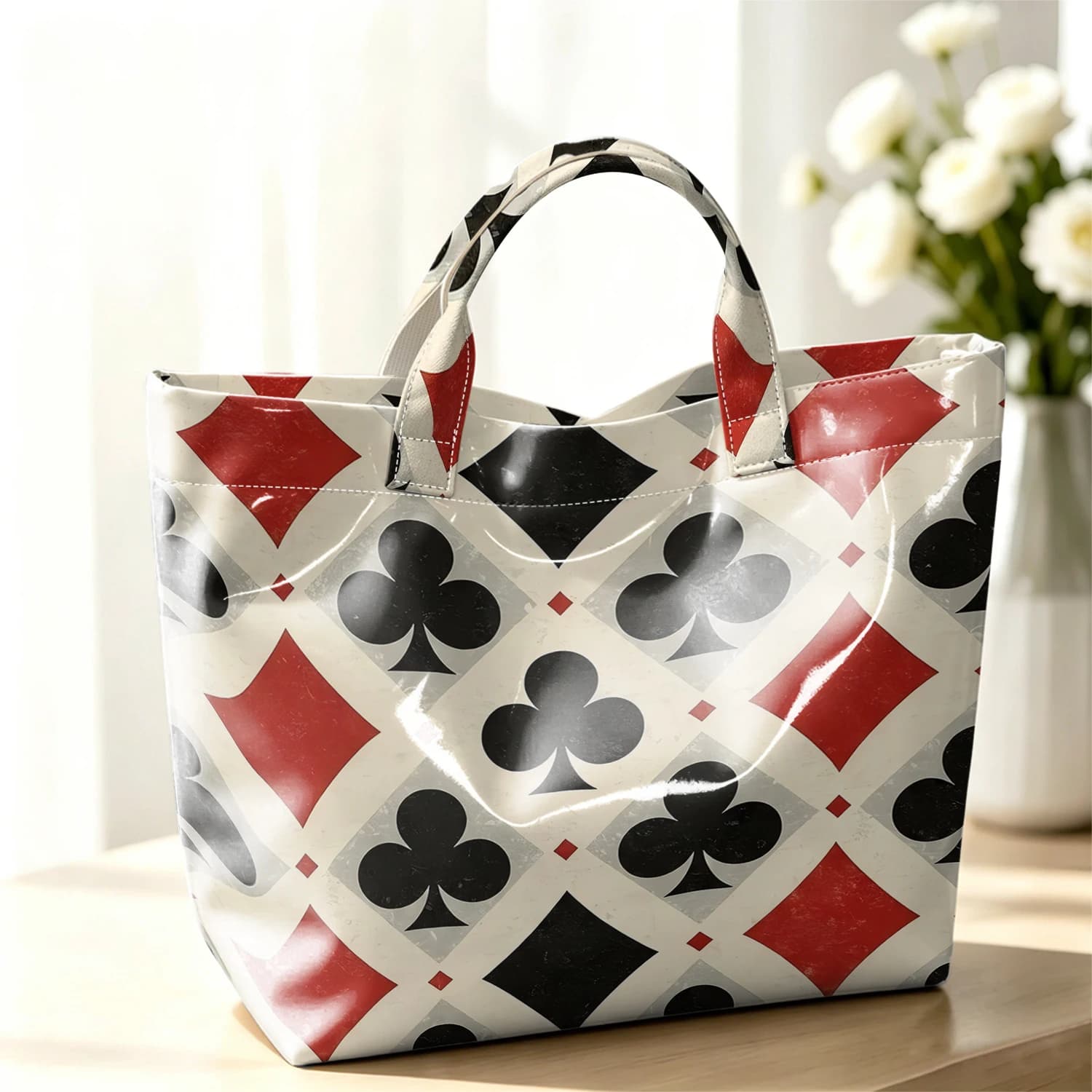 Vintage Playing Card Suit Cute Large Glossy PVC Tote Bag Hand Washable Lightweight Soft Great for Travel Makeup Storage Handbags