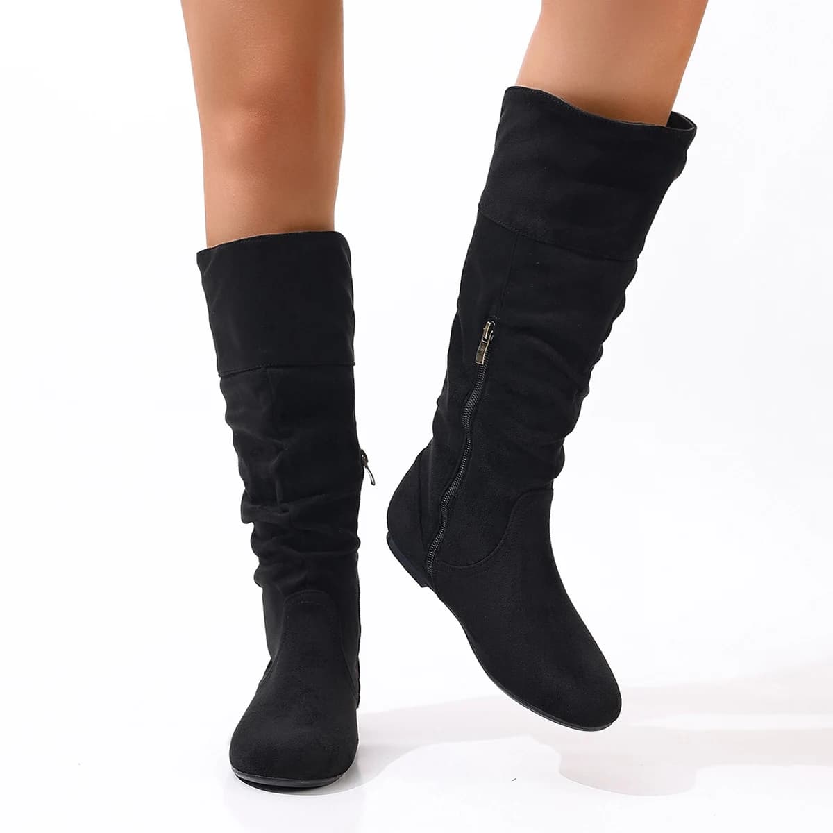 Comfortable and comfortable vintage women's boots with high folded side zipper in European and American solid color