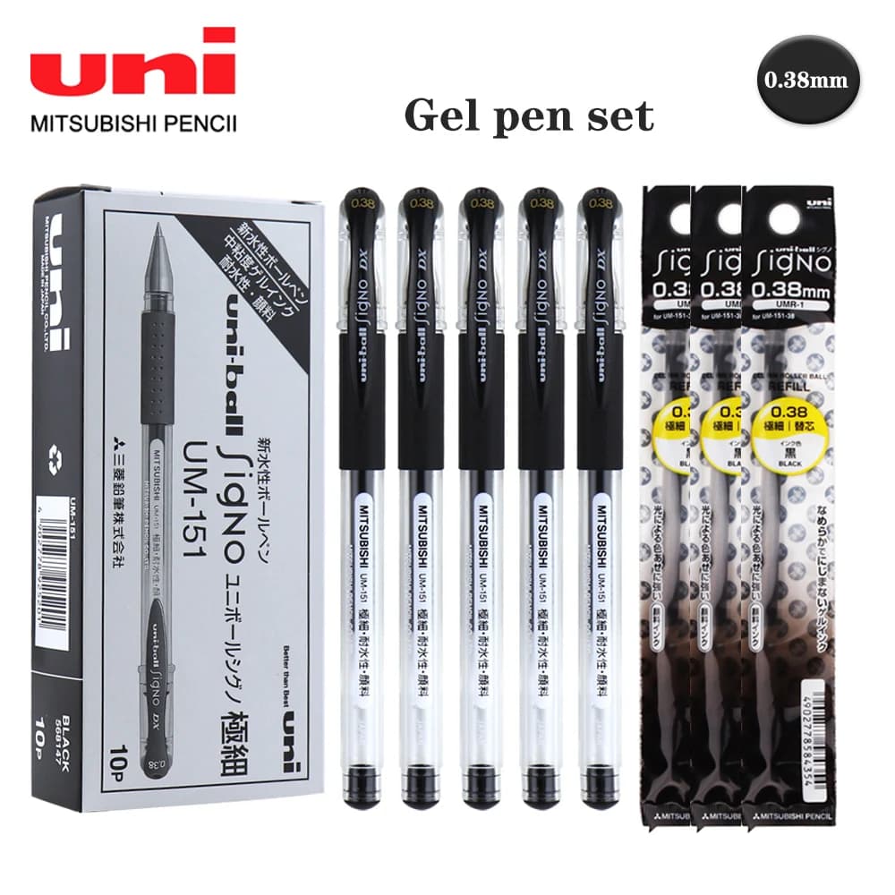 Set di Penne Gel Uni Giapponesi UM-151, Penna a Doppia Sfera in Acciaio, Penna per Firma Estremamente Fine 0.38mm, Penna Nera Kawaii, Articoli di Cancelleria