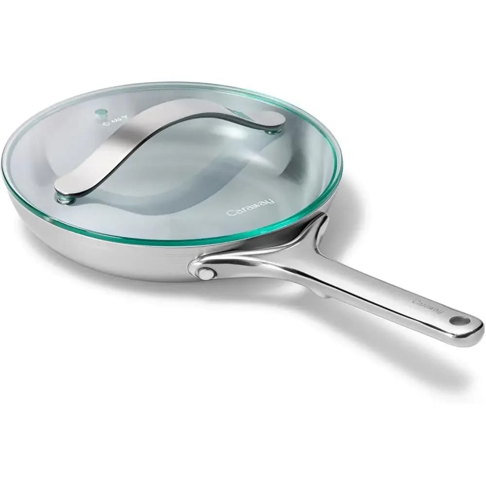 Padella in Acciaio Inox a 5 Strati da 8 Pollici con Coperchio in Vetro - Compatibile con Forno e Piano Cottura - Non Tossica, Senza PTFE e PFOA