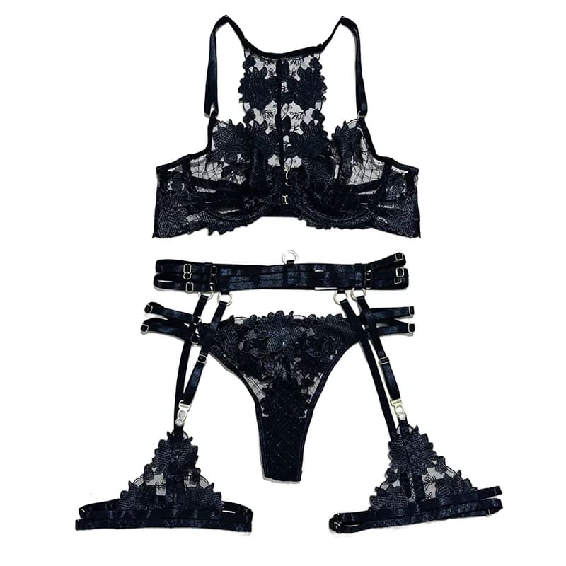 Set di Lingerie Floreale in Pizzo per Donna, Reggiseno e Slip Trasparenti, Intimo Sexy Erotico