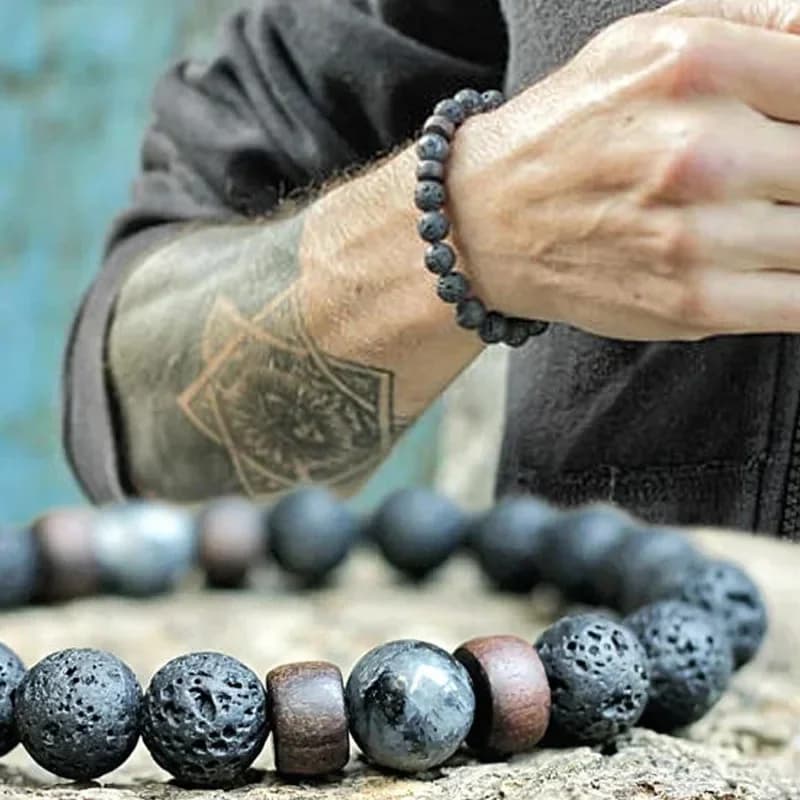 8mm Volcanic Stone Bracelet for Men Bracelet with Lavish Wood Beads Handmade Elastic Bracelet with Male Wrist Chain Tibetan Buddha