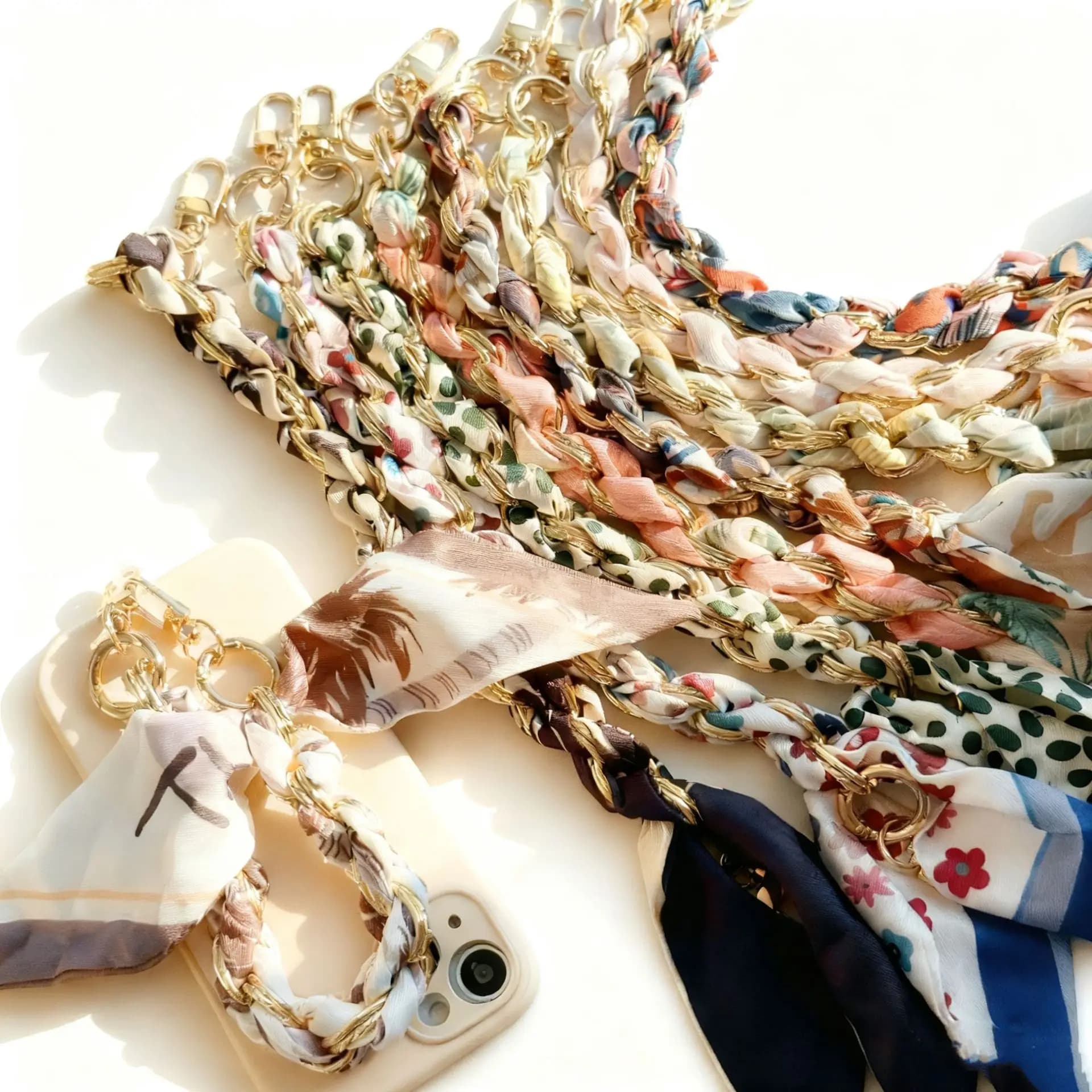 Silk Scarf Woven Bag Chain Hanging Rope Mobile Phone Hanging Rope Colorful Versatile Metal Chain Handbag with Decoration