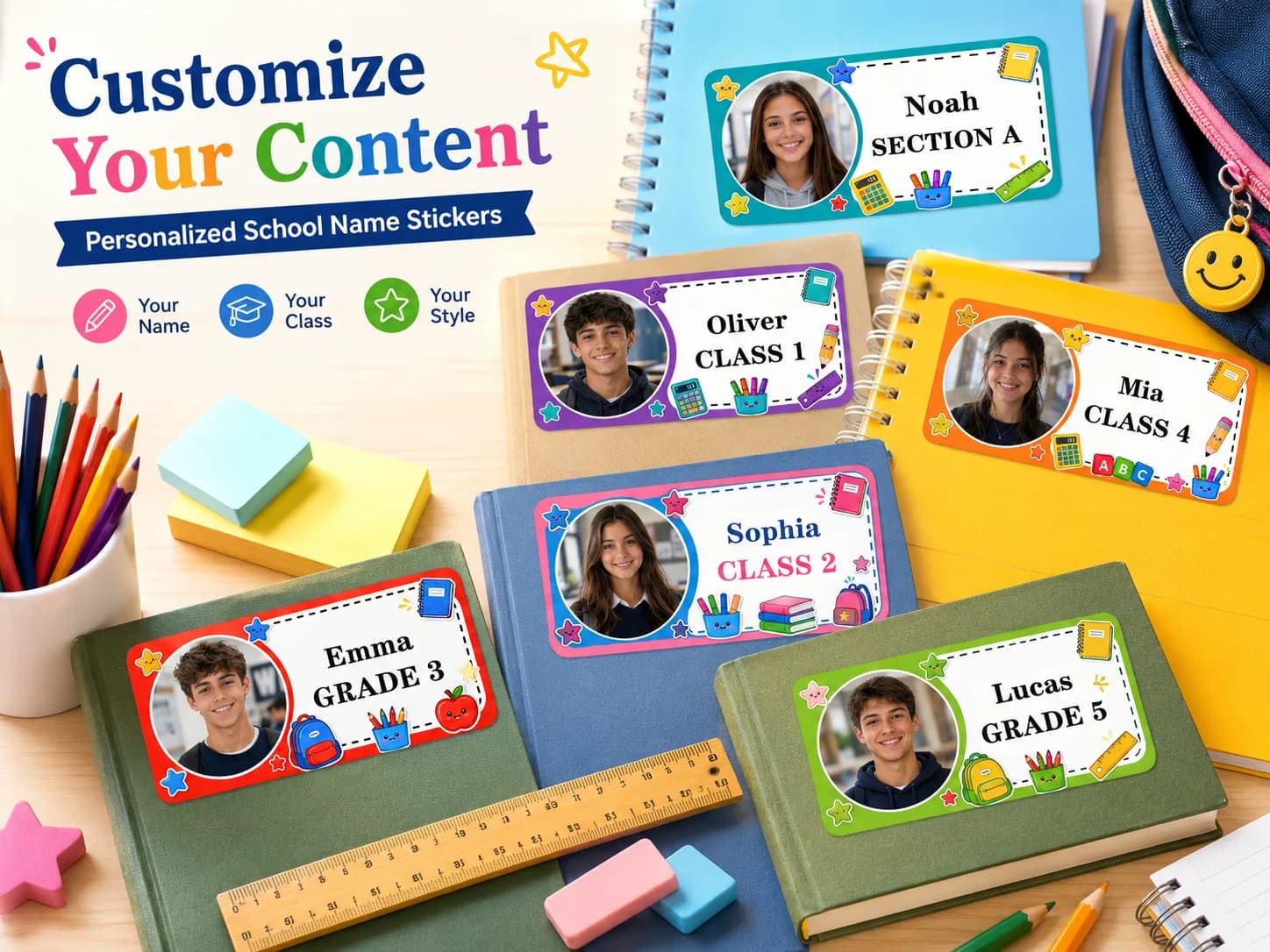 Customized photo name and class stickers｜Personalized name tags for children and students｜Anti-loss stickers for books, water bottles, and stationery｜Back-to-school school supplies labels