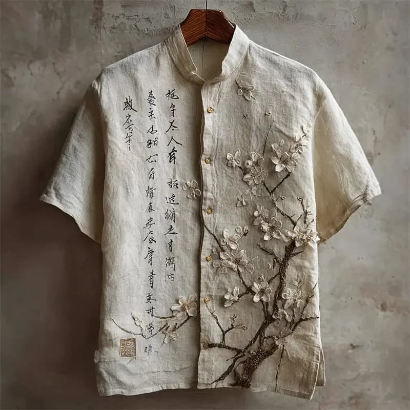 New trendy and artistic style linen short sleeved shirt for men, cherry blossom vinyl record machine printed top