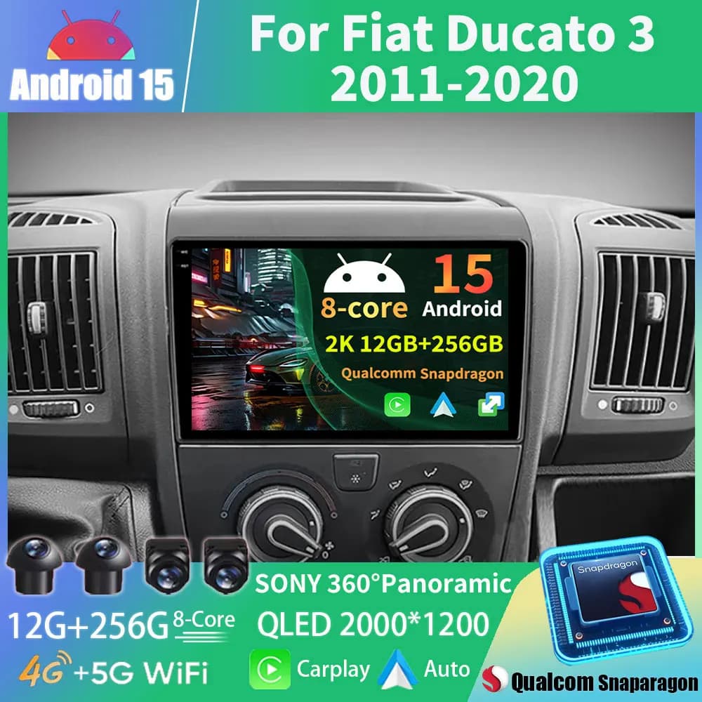 Android 15 Autoradio For Fiat Ducato 3 2006 - 2022 Carplay Auto Multimedia Stereo GPS player Navi BT 360 4G WIFI QLED DSP