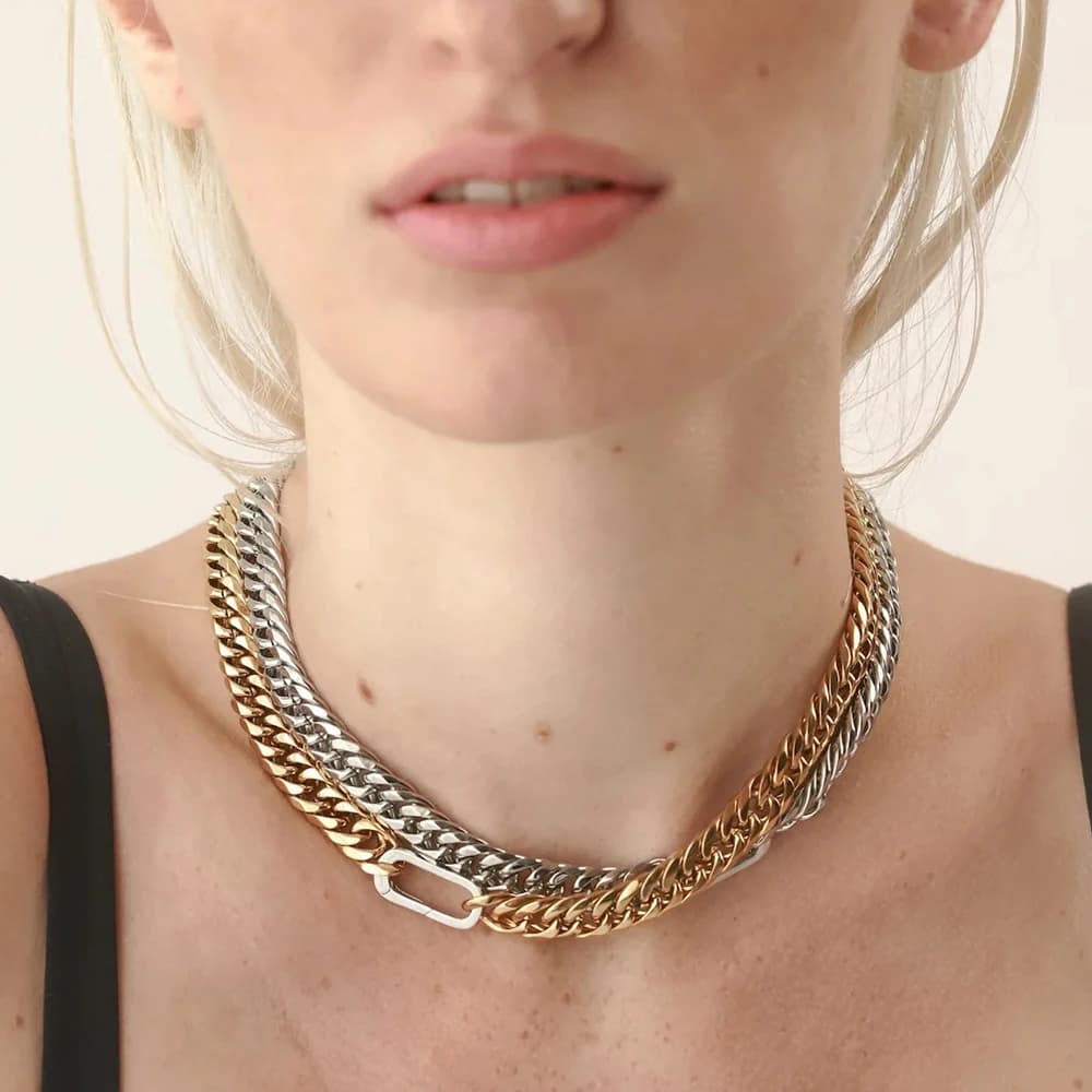 Catene cubane lucide in acciaio inossidabile bicolore placcato oro 18 carati Collane con chiusura a molla per gioielli da donna