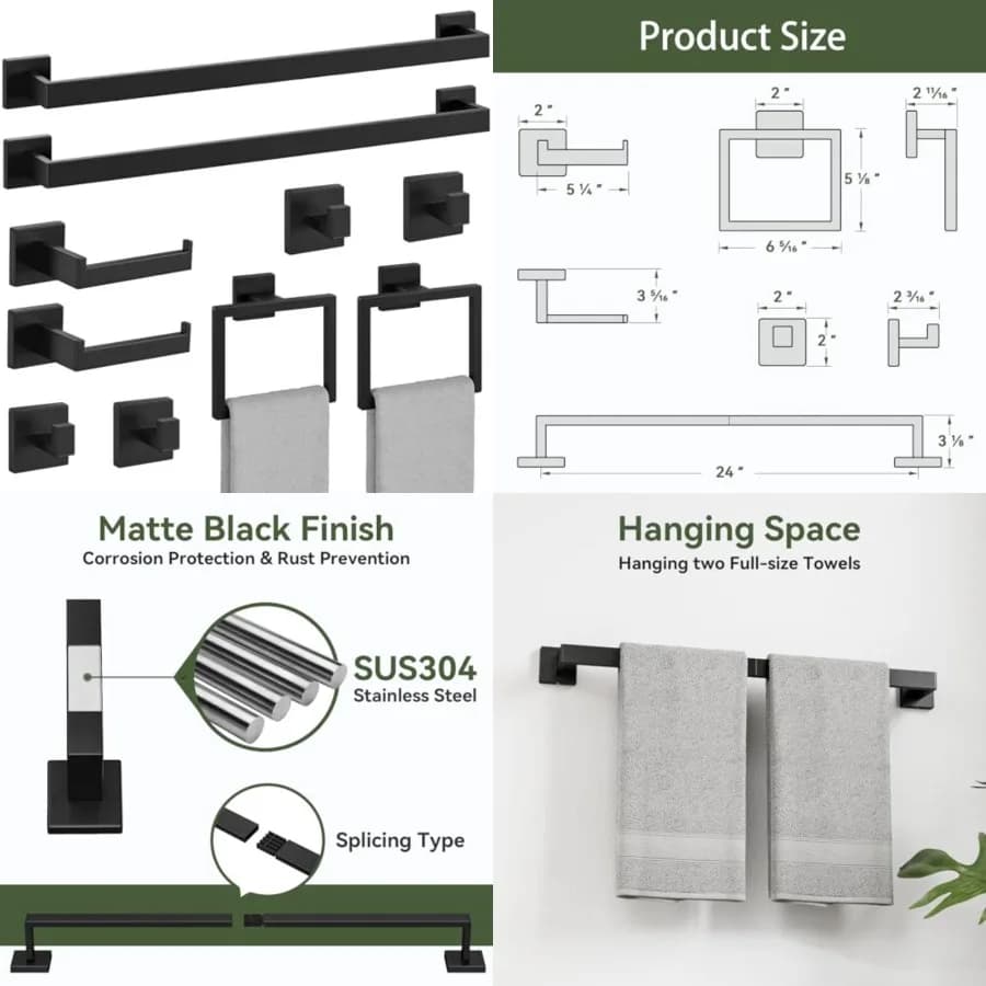 Set di Accessori per Bagno in Nero Opaco, Set di 24 Pezzi per Bagno, Set Portasciugamani in Acciaio Inox SUS304, Portasciugamani per Bagno