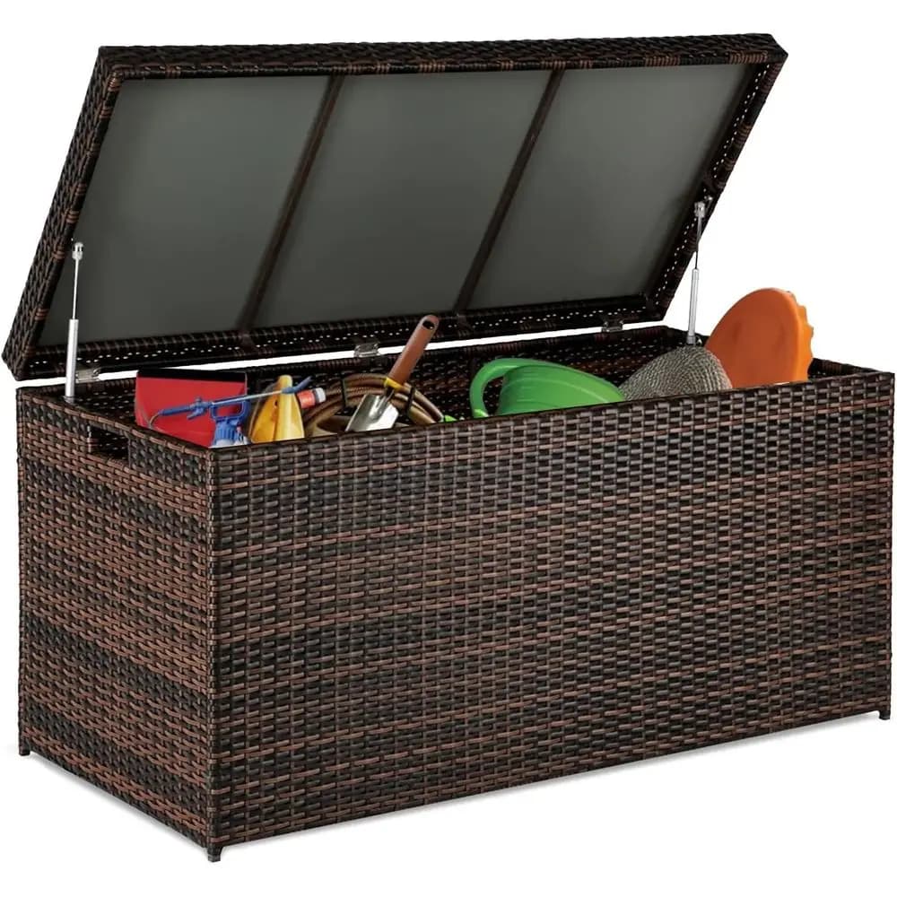 132 Gallon Wicker Outdoor Storage Box, Patio Deck Bench, Ideal for Pool, Balcony, Yard, Garden, Brown