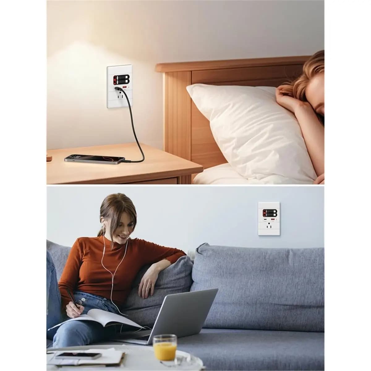 [N88R] USB C Wall Outlet with GaN PD20W USB-C&USB-A&Retractable USB C/ Cables,Tamper-,15A 125V