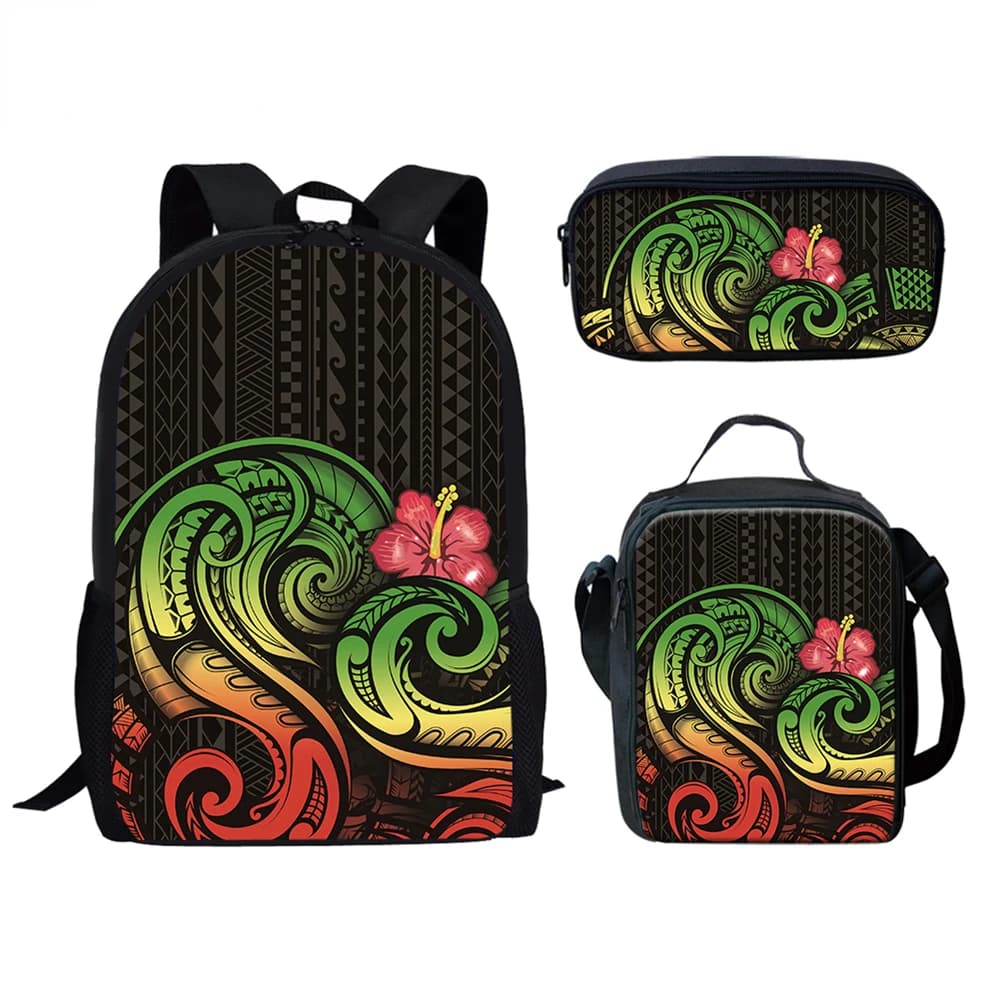 Trendy Reggae Color Polynesian Hibiscus 3D Print 3pcs/Set Student School Bags Laptop Daypack Backpack Lunch bag Pencil Case