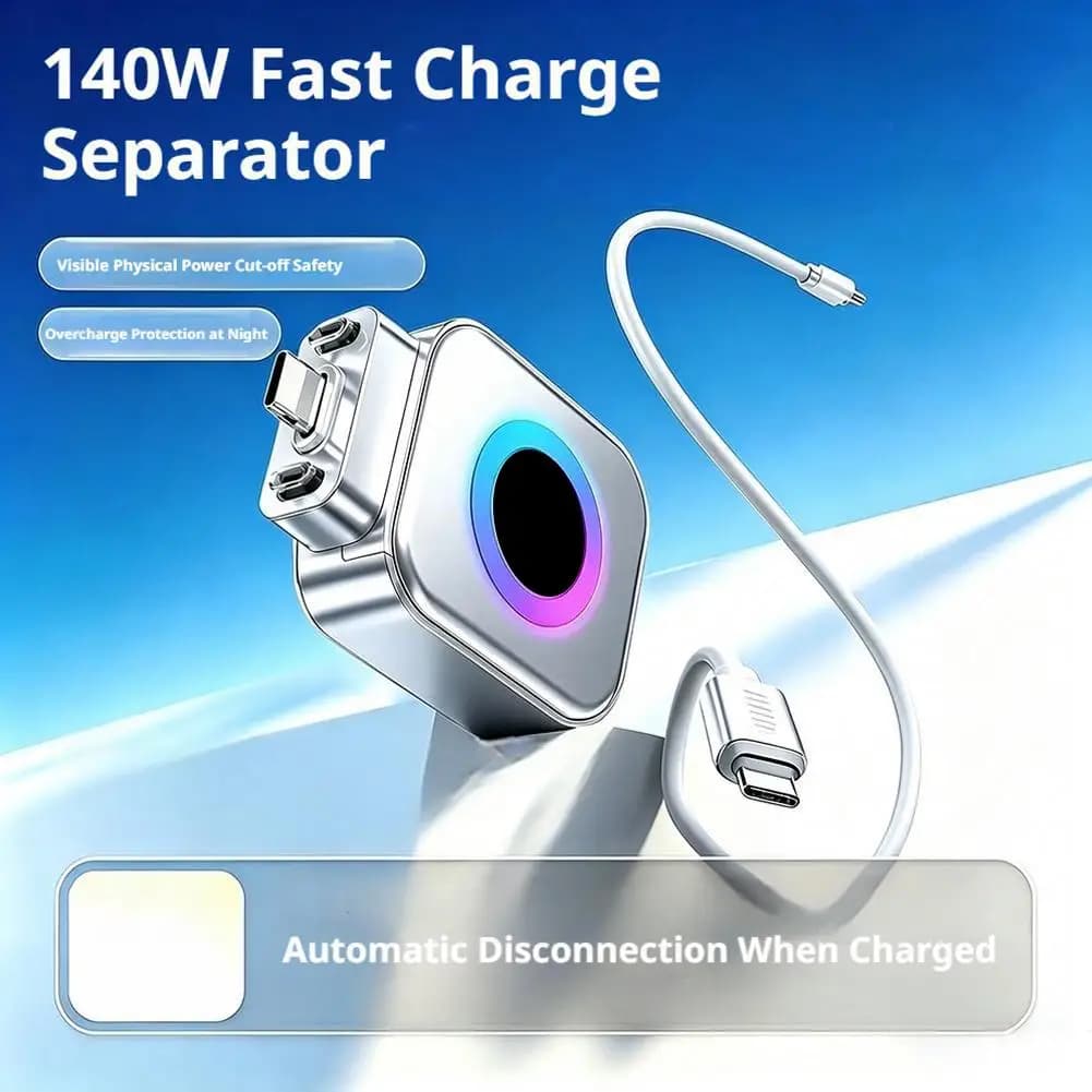 Caricabatterie intelligente con spegnimento automatico a ricarica rapida da 140 W, connettore di tipo C, protezione da sovraccarico, connettore per telefono con luce LED argentata
