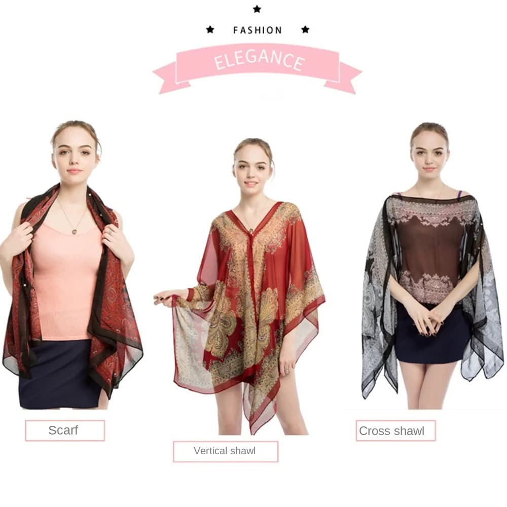 Fashion Printed Beach Shawl Breathable Sun-Resistant Chiffon Blouse Loose Luxury Scarf Shawl Women