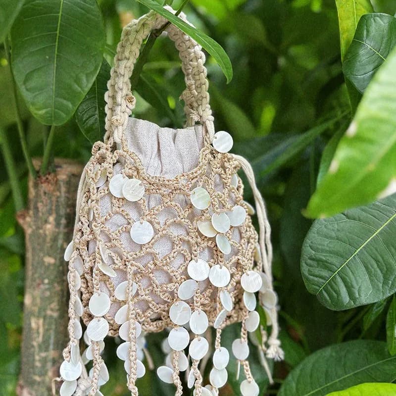 Borsa a mano artigianale traforata in corda intrecciata, con nappe, a rete, per viaggi, vacanze, donna, estiva, da spiaggia