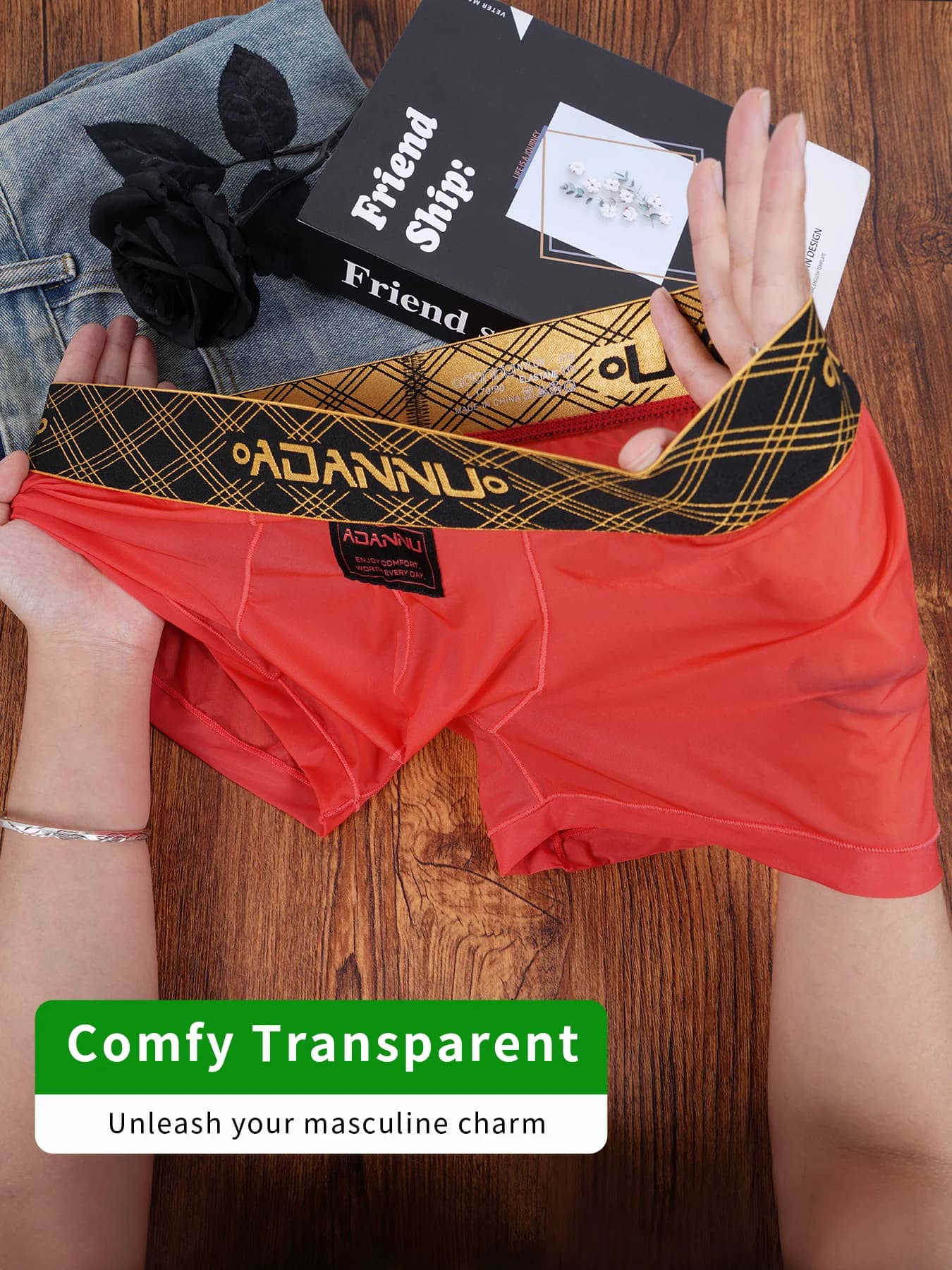 Slip boxer da uomo sexy in rete trasparente, ultra sottili, delicati sulla pelle, traspiranti, con fascia in vita dorata, intimo di lusso alla moda
