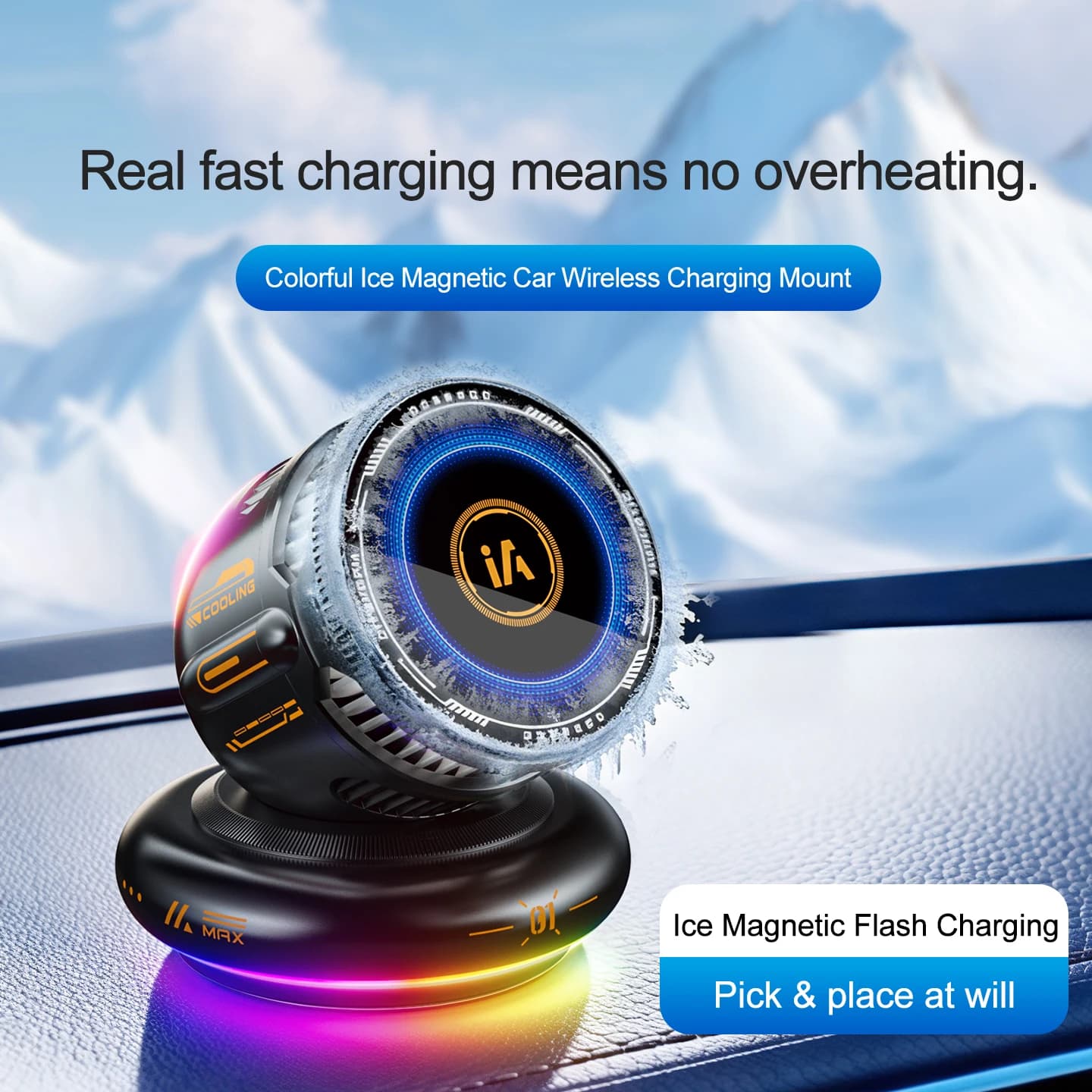 Magnetic Car Wireless Charger for iPhone 17-12 Mount with TEC Active Cooling Fan RGB 360 Rotation Hub