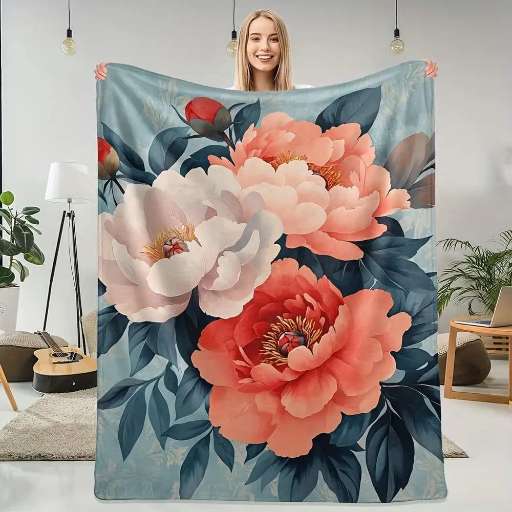 Elegant peony flower pattern Flannel printed blanket suitable for all seasons suitable for living room office sofa and travel