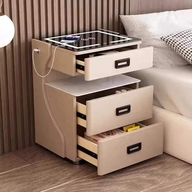 Custom Bedroom Smart Touch Lamp/voice LED Drawer Nightstand Wireless Charge Bedside Table with Fingerprint Lock Safe and Audio