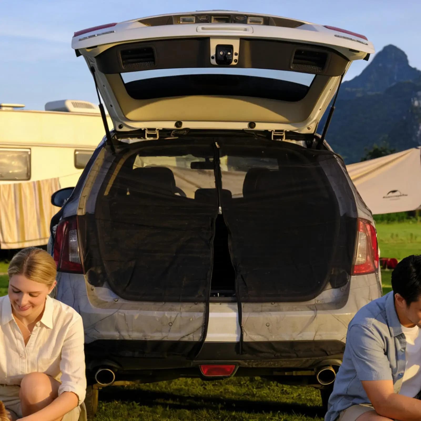 58x57 inch Car Rear Door Mesh Screen Neck Tent with UV protection for durable magnetic truck for road trips Picnic