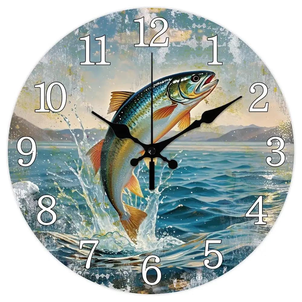 Orologio da Parete Stampato per Decorazione Casa, Soggiorno e Camera da Letto, Piatto Rotondo con Motivo Pesce, 10 Pollici