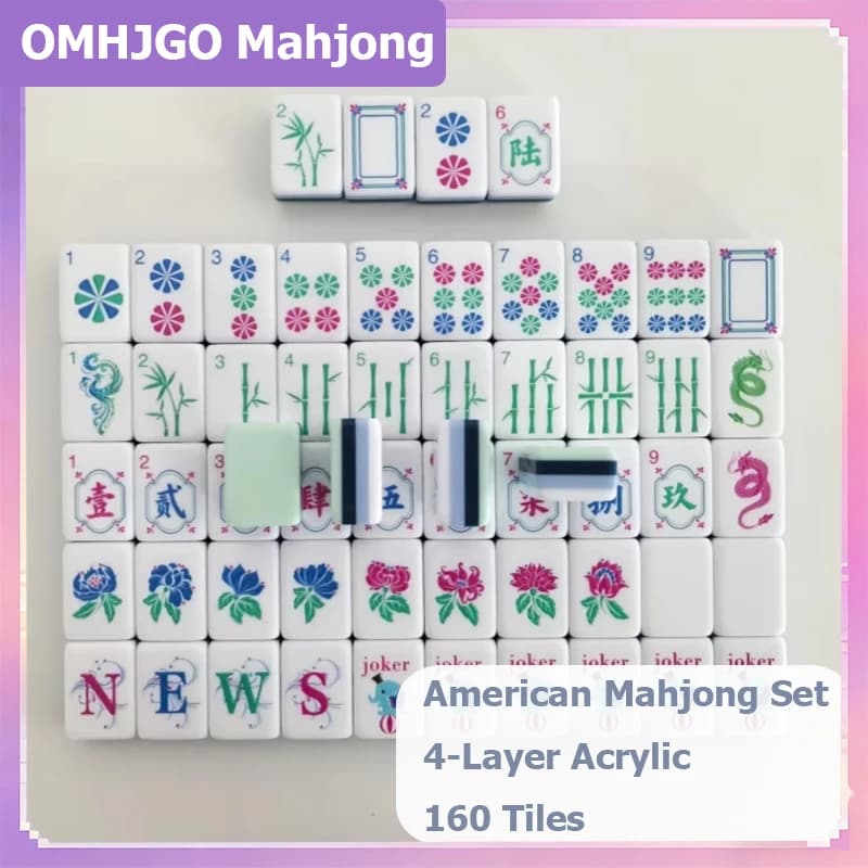 OMHJGO Light Cyan Custom American Mahjong Set 4-Layer Acrylic Luxury Engraved Mahjong Tiles Board Games Gifts Portable Mah Jongg