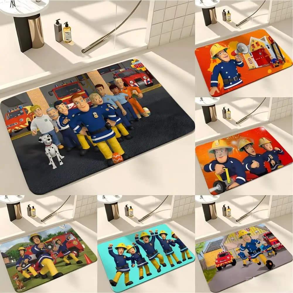 Cartoon F-Fireman Sam Floor Mat Absorbent Floor Mat Non-Slip Entrance Rug for Bathrooms Restrooms and Toilets
