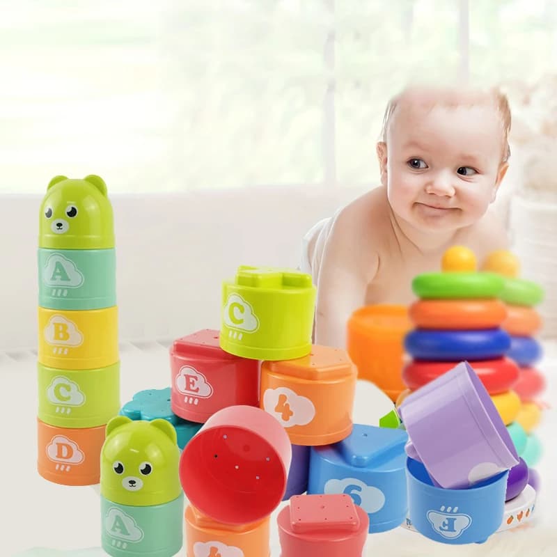 9PCS Fun Rainbow Cups Stacking Cups Figure Letters Baby Children giocattolo educativo Stacking Tower Mini Bear Kids Toddler toys