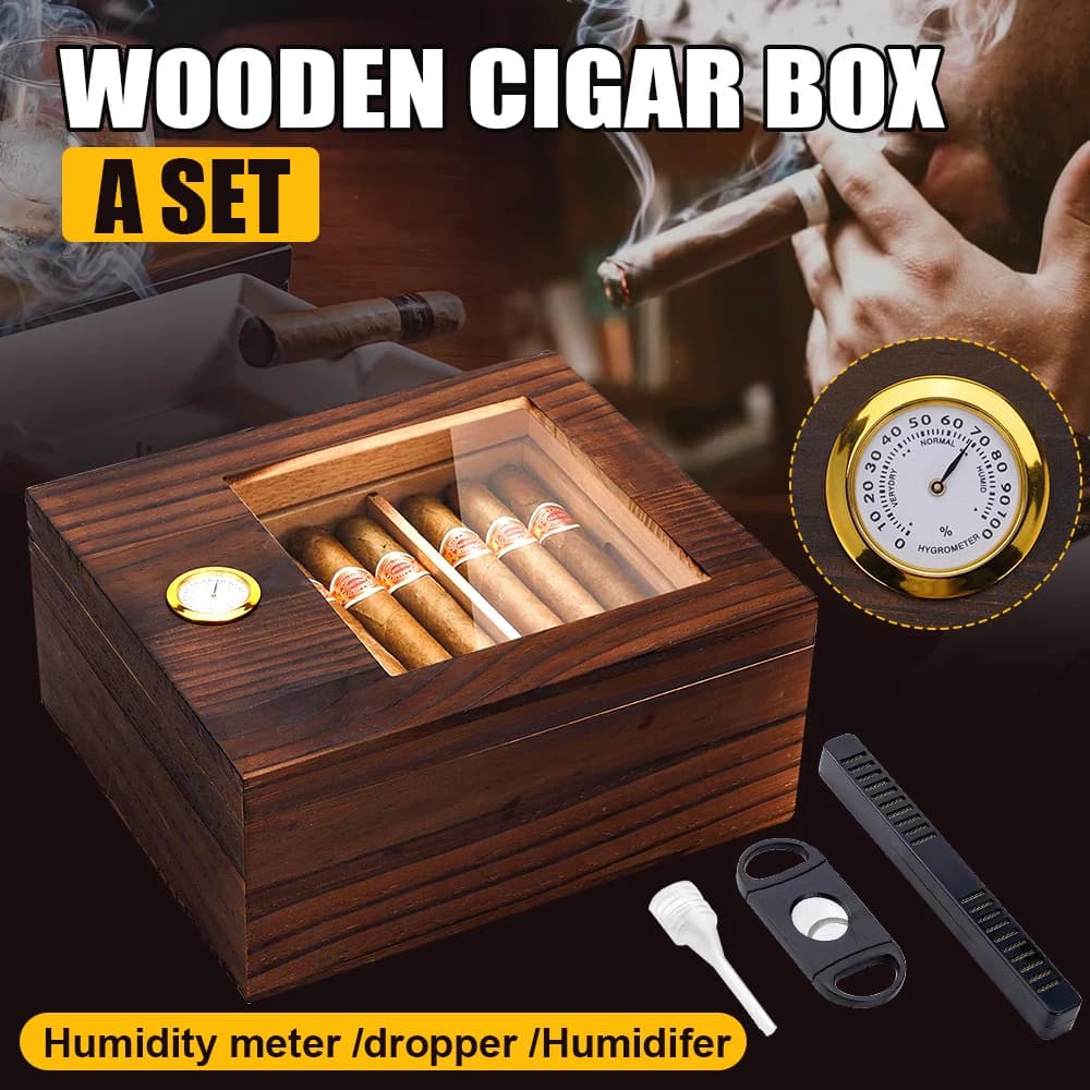 Wooden Glass Top Cigar Humidor With Digital Hygrometer Humidifier Holds 20‑50 Cigars Home Desktop Storage Gift For Cigar Lovers