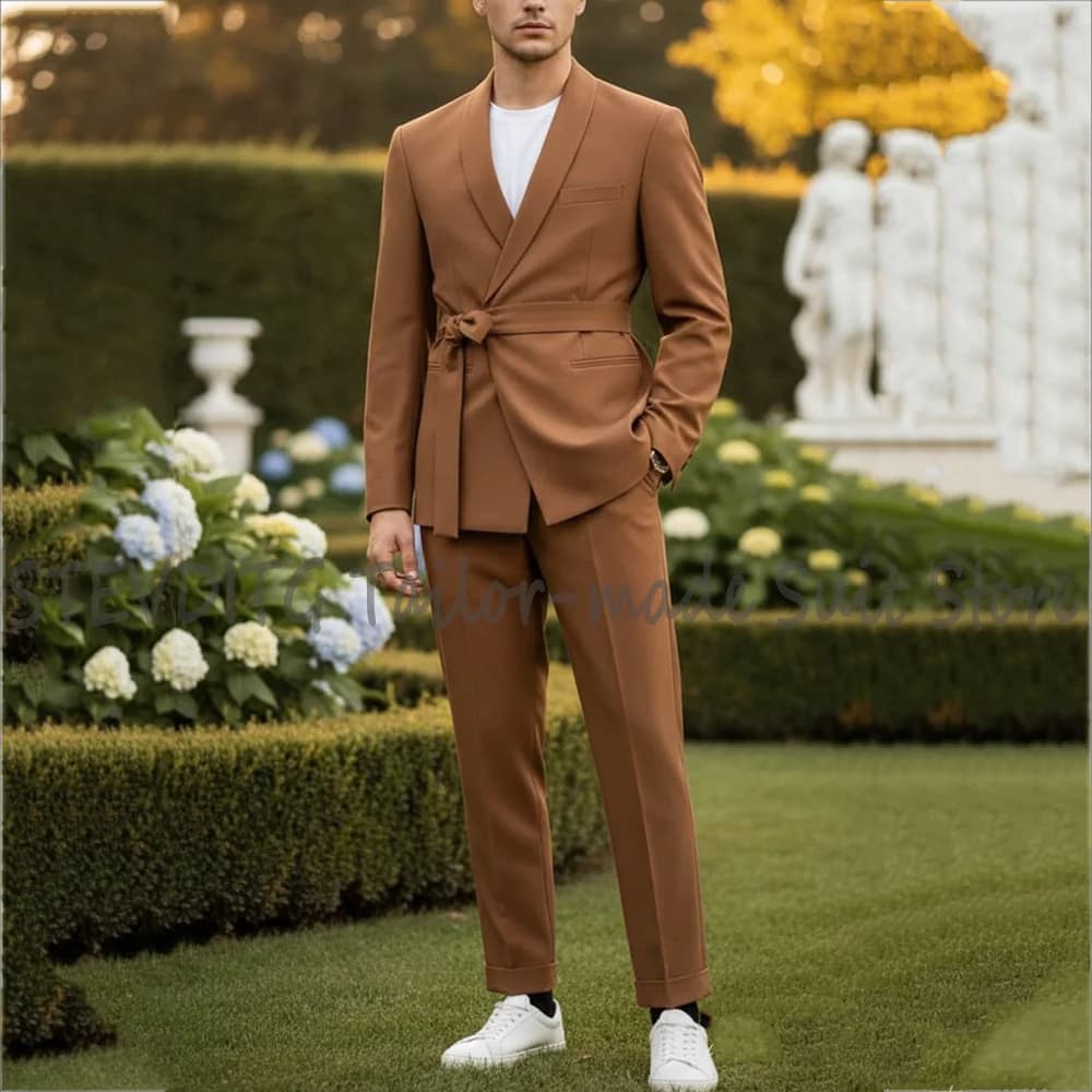 Completo Formale da Uomo con Cintura, Blazer Slim Fit con Risvolto a Scialle e Pantaloni, Due Pezzi, per Occasioni Casual, Business, Matrimoni, Feste, Abito su Misura per Cerimonie