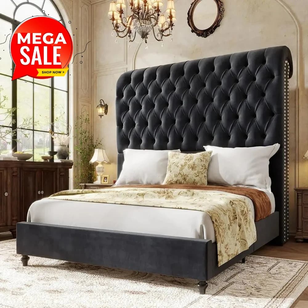 Letto matrimoniale in velluto con testiera imbottita alta 59 pollici, design con bottoni profondi, gambe in legno massello, non necessita di rete a molle, nero
