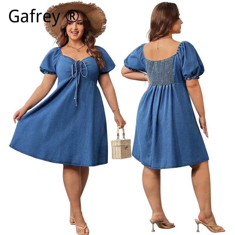 Women's Summer Denim Dress with Elastic Waist, Short Sleeve Jeans Dress with Garment, Vintage Casual Knee Dress Line A, Fashion