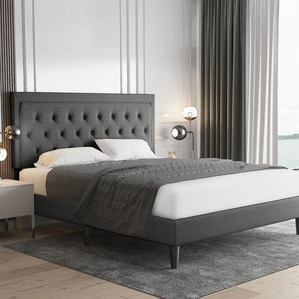 Padded bed with platform, adjustable slats and grey mattress base
