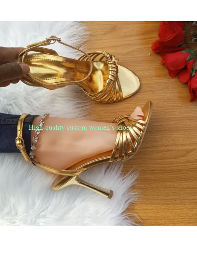 Gold Lace-Up Pointed Toe Hollow Out Sandals Stilettos Ankle Buckle Luxury Women's Shoes Bestselling Model Shoes For Banquets