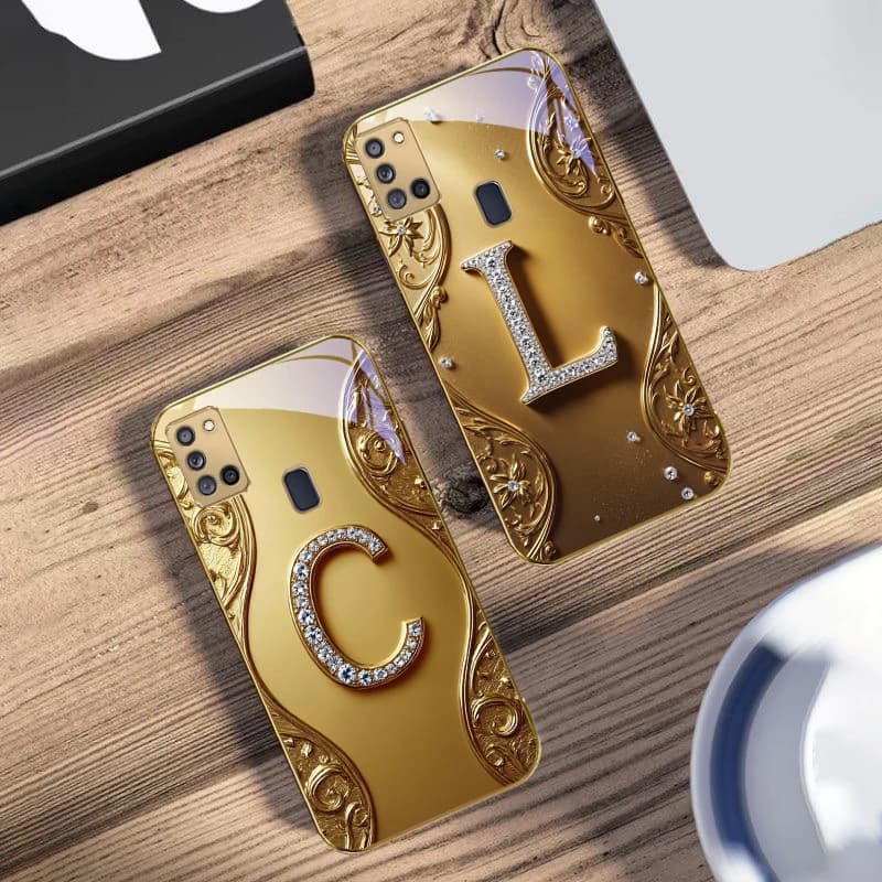 Custodia per telefono in vetro dorato con diamanti e lettera 'K' per Samsung A31, A32, A33, A34, A35, A14, A15, A13, A16, A25, A26, A50, A52, A53, A54, A55, A56, A70, A71, A72, A73