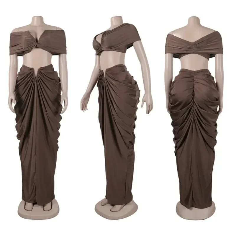 Stacked Ruched Women's Set Off Shoulder Crop Top and Low Waist Maxi Long Skirts 2025 Sexy Party Two 2 Piece Sets Outfits