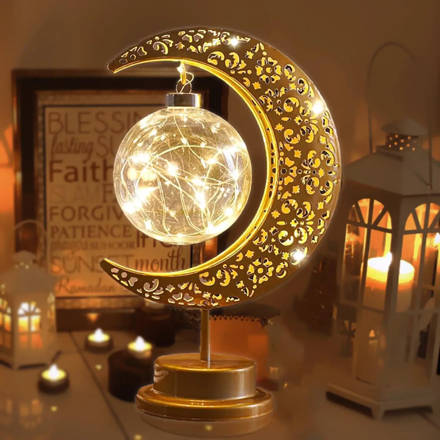 Lampada Luna con Luce Galattica, a Batteria per Decorazioni Casa Ramadan ed Eid, Luce Notturna Lunare Incantata