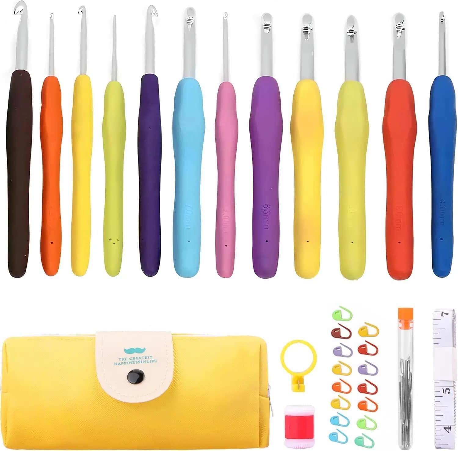 Set di Uncinetti Ergonomici con 12 Misure, Manici Morbidi per Alleviare l'Artrite, Include Kit da 41 Pezzi in Custodia Gialla